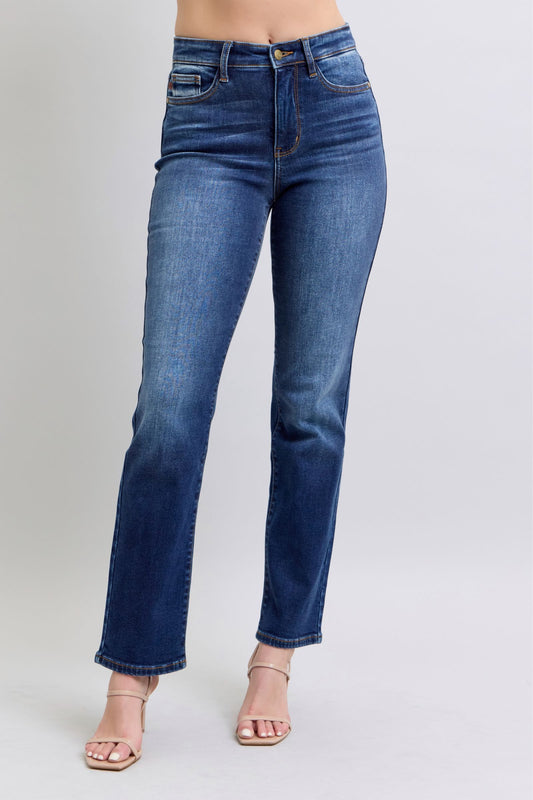 Blue full straight-leg jeans with a washed finish, functional pockets, and a classic, versatile design.