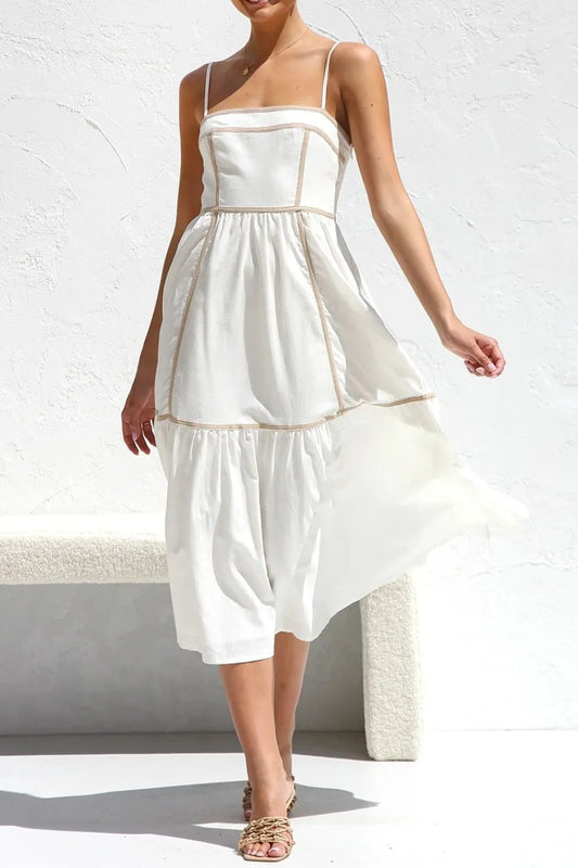 Contrast Trim Square Neck White Midi Cami Dress