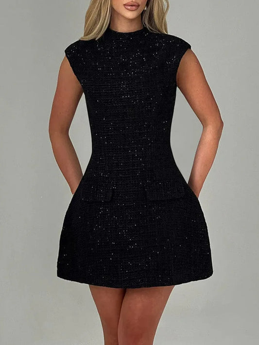 Cutout Back Round Neck Cap Sleeve Mini Dress (Black/Pink/White)