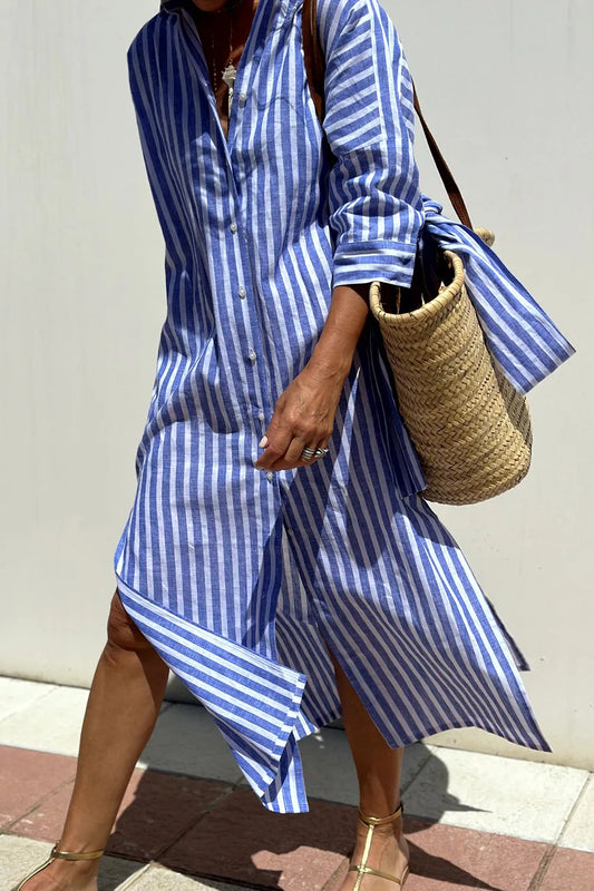 Tied Button Up Three-Quarter Blue & White Sleeve Dress