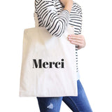 "Merci" Natural Canvas Bag Cute and Simple Shoulder Bags Gift for Her